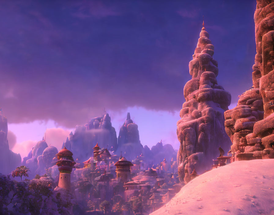 Twilight landscape with rock formations and pagoda-style structures in mystical setting