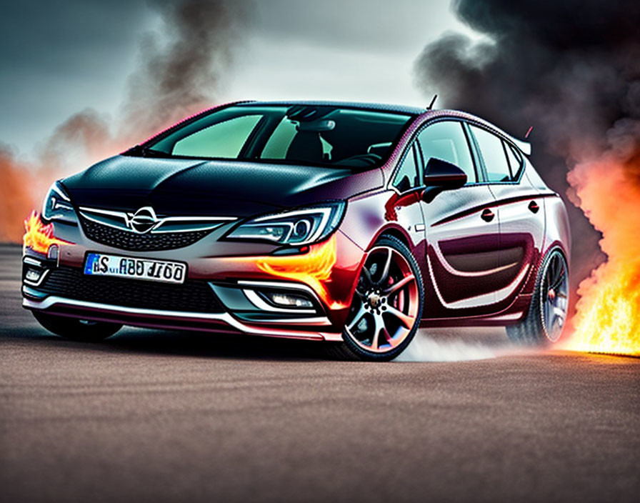 Aggressive Black Sports Car with Fiery Exhaust and Distinctive Front Grille