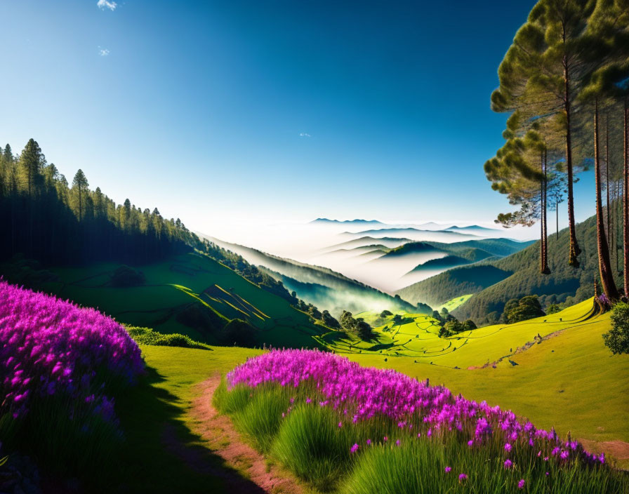 Misty Green Hills with Purple Flowers and Blue Sky