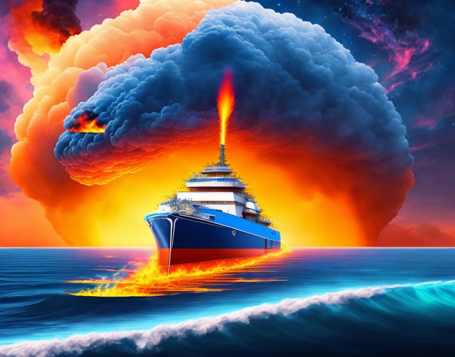 Surreal ship with glowing decks on ocean with fiery explosion cloud