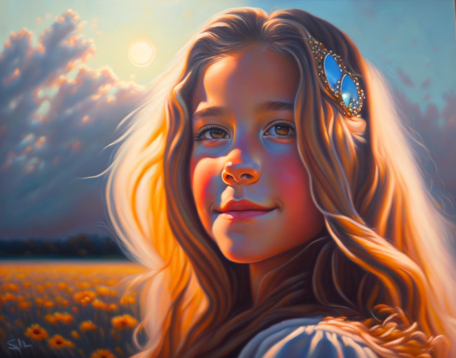 Young girl with flowing hair smiles in sunlit sunflower field