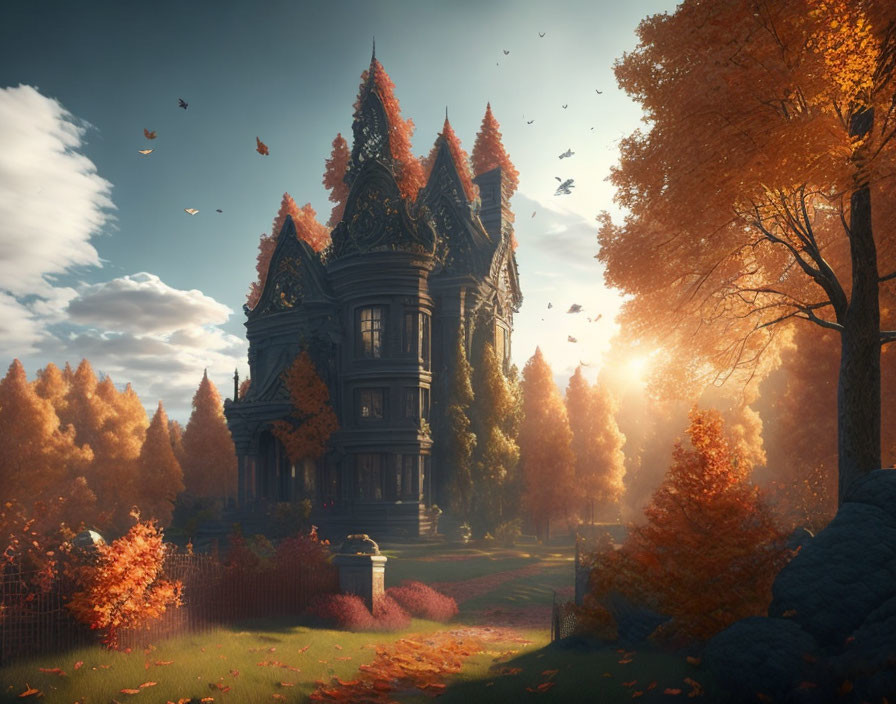 Victorian-style manor surrounded by autumn trees and golden leaves in soft sunlight