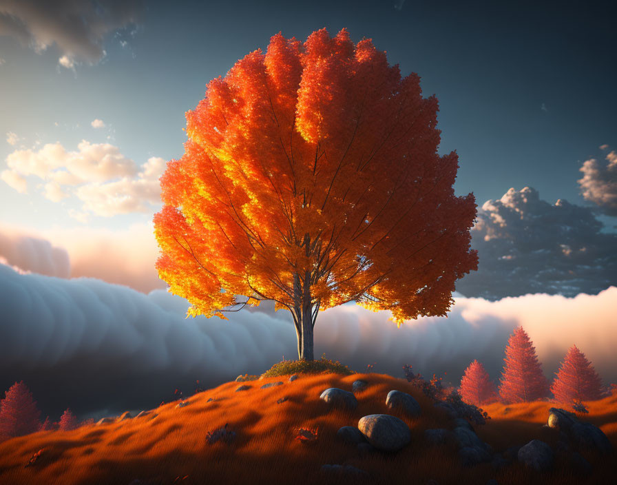 Vibrant autumn tree with fiery orange leaves under dramatic sky