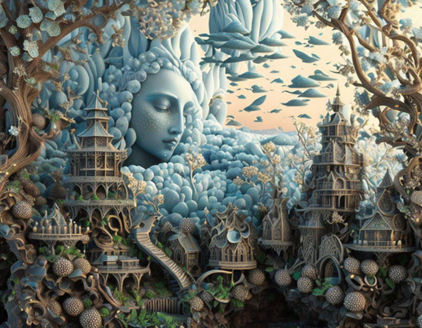 Giant Woman's Face in Blue-Toned Fantasy Illustration