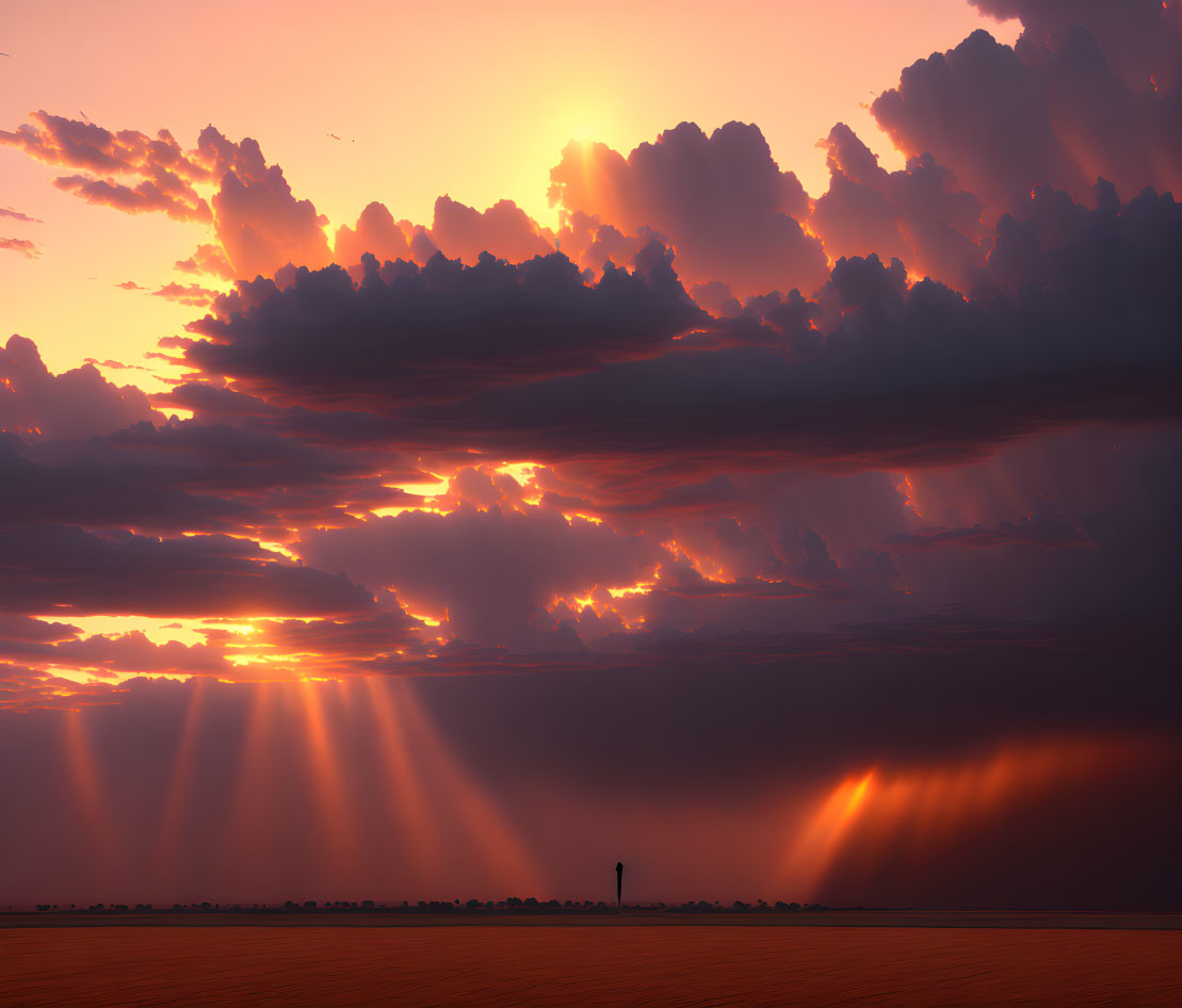 Dramatic sunset with radiant beams over calm sea and lighthouse.