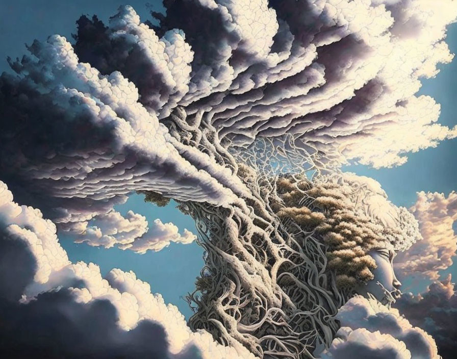 Surreal painting of tree merging with clouds in blue sky