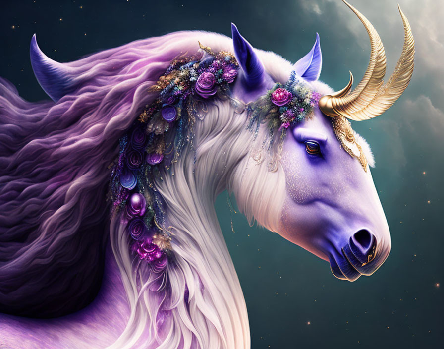 Mystical Purple Unicorn with Golden Horn in Starry Sky