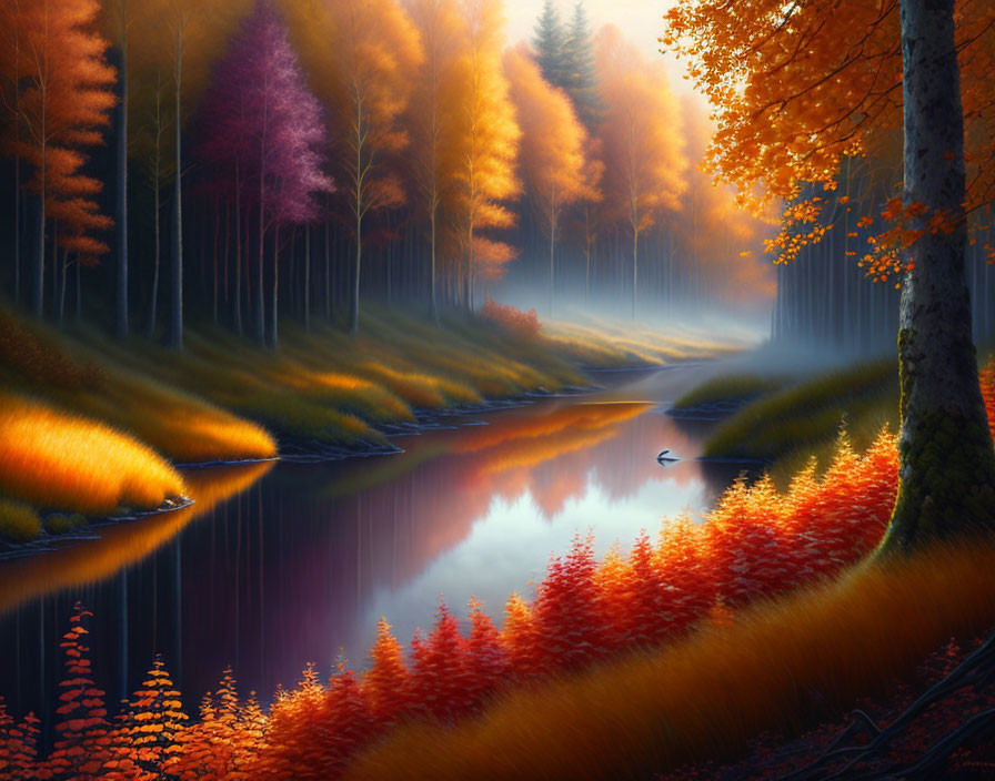 Tranquil river in autumnal forest with orange and purple trees