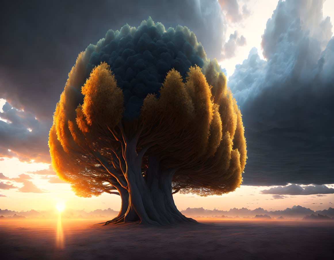 Majestic tree with lush canopy in warm desert landscape at sunset