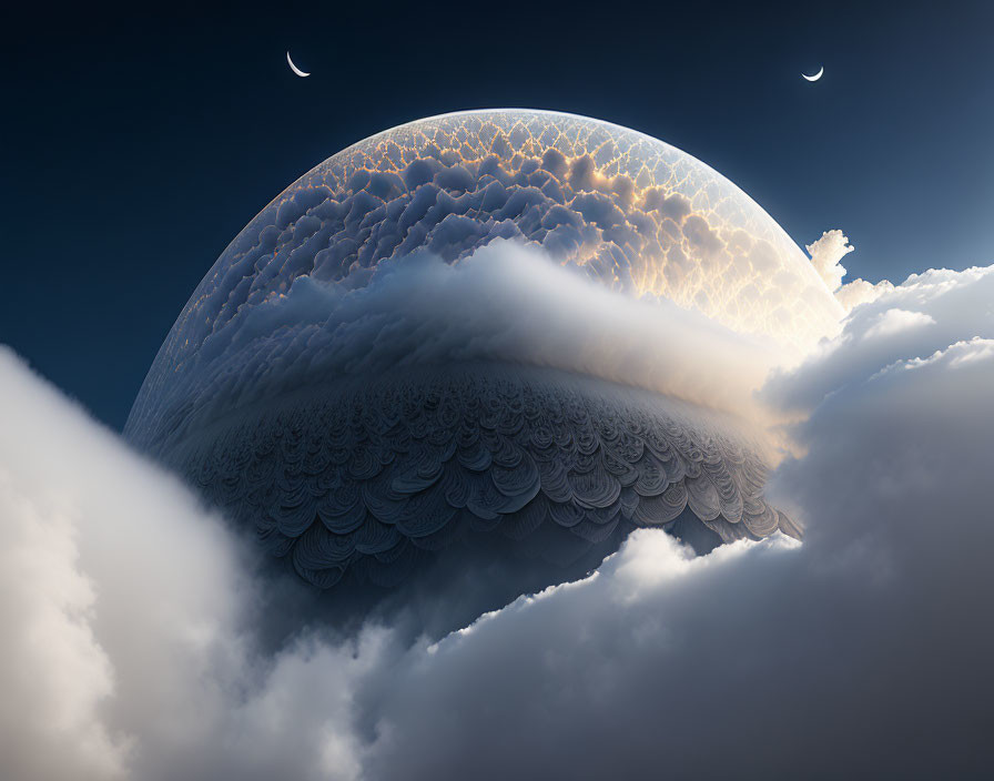 Surreal landscape with giant textured sphere and crescent moons