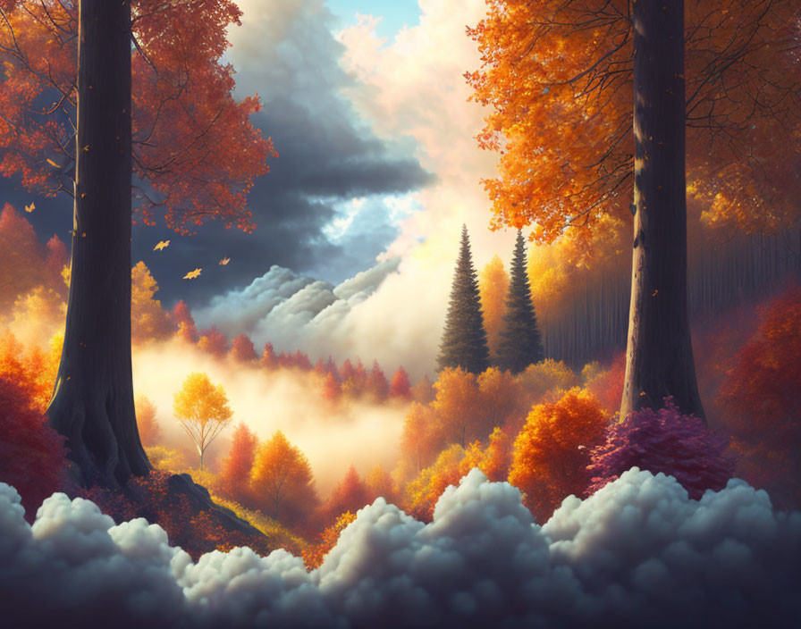 Vibrant autumn forest with orange and red foliage under dramatic sky