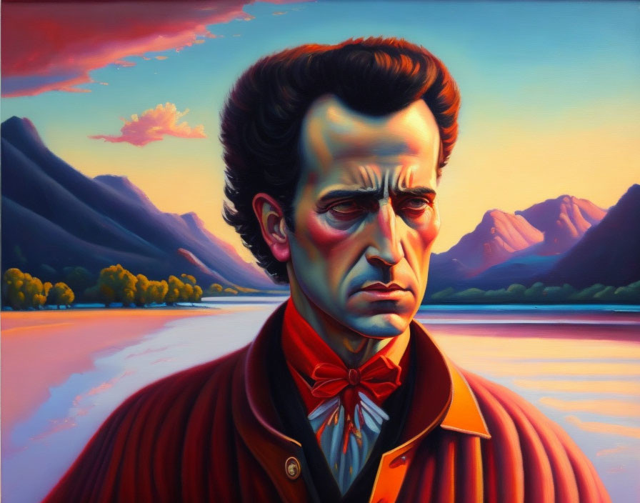 Dark-haired man in red bow tie and jacket against mountain sunset backdrop