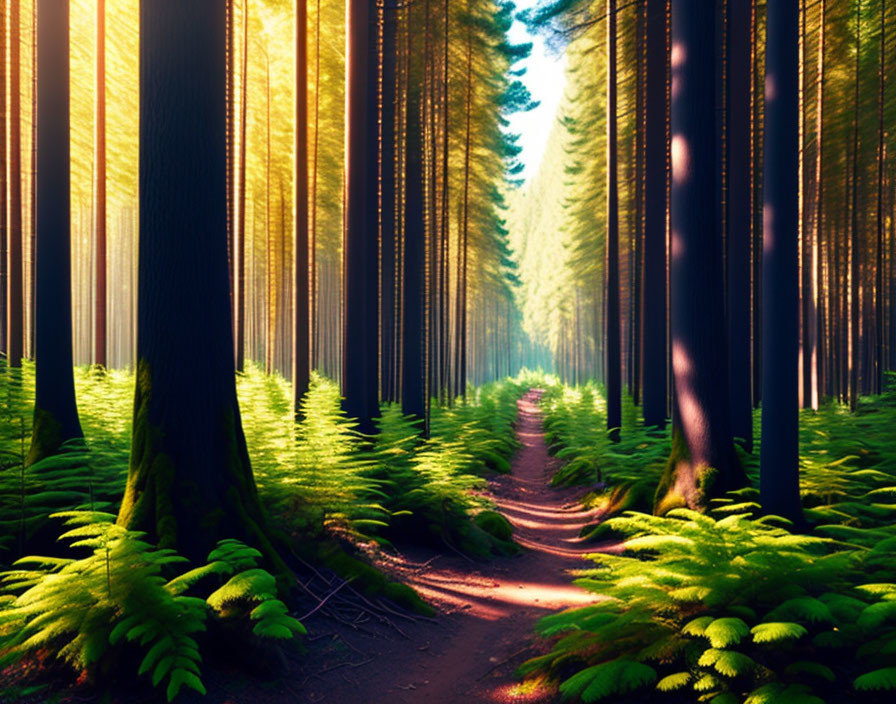 Forest Path with Sunlight Filtering Through Tall Trees