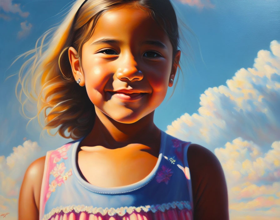 Smiling young girl in sleeveless dress under blue sky