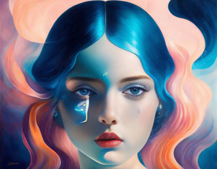 Surreal portrait of woman with blue and pink wavy hair and tear on cheek