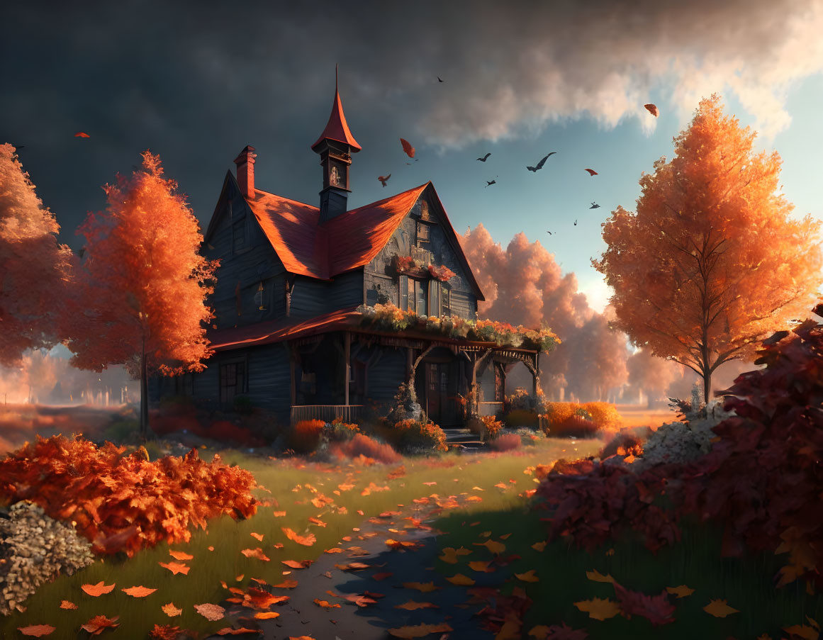 Victorian house in autumn landscape with fall foliage and birds