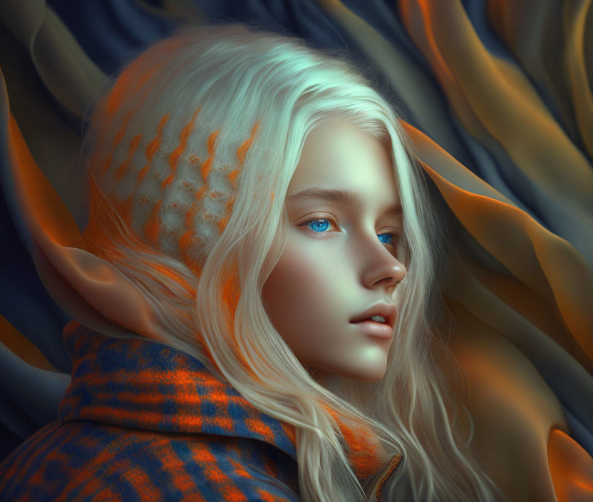 Elf portrait with pale skin, blue eyes, pointed ears, orange and blue cloak on dark backdrop