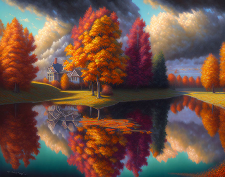 Vibrant autumn trees by calm lake with cottage under dramatic sky