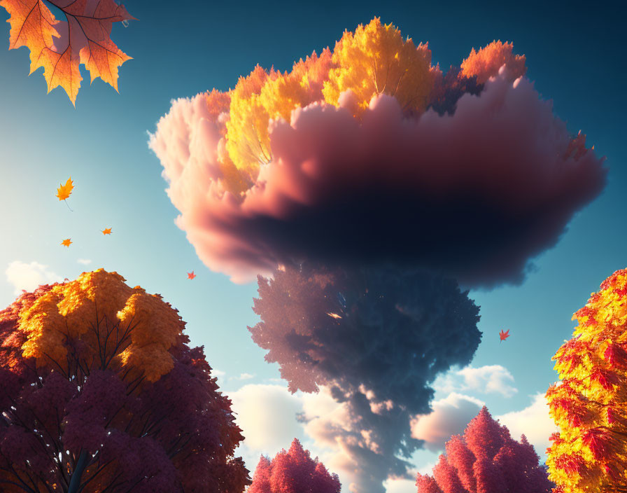 Surreal autumn scene: fiery tree canopies under blue sky