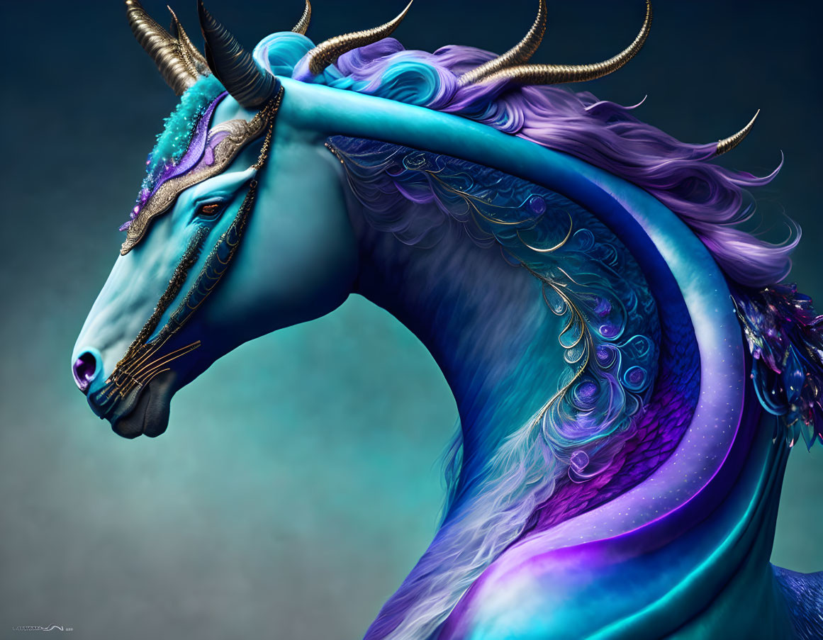 Majestic unicorn digital artwork with blue and purple mane