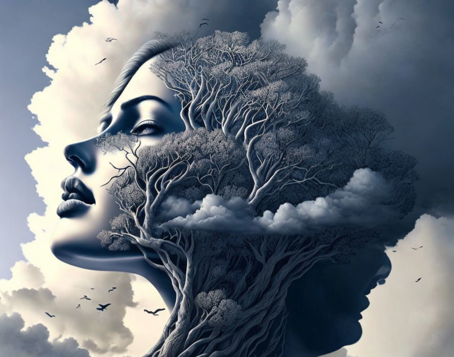 Woman's profile with tree brain against cloudy sky & birds