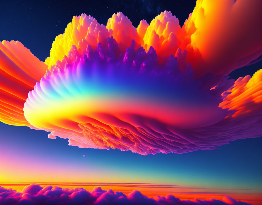 Colorful surreal clouds over twilight sky and sea of clouds