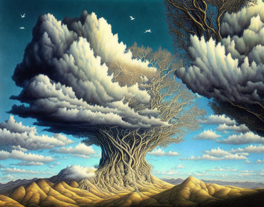 Surreal painting: tree branches become clouds over barren landscape