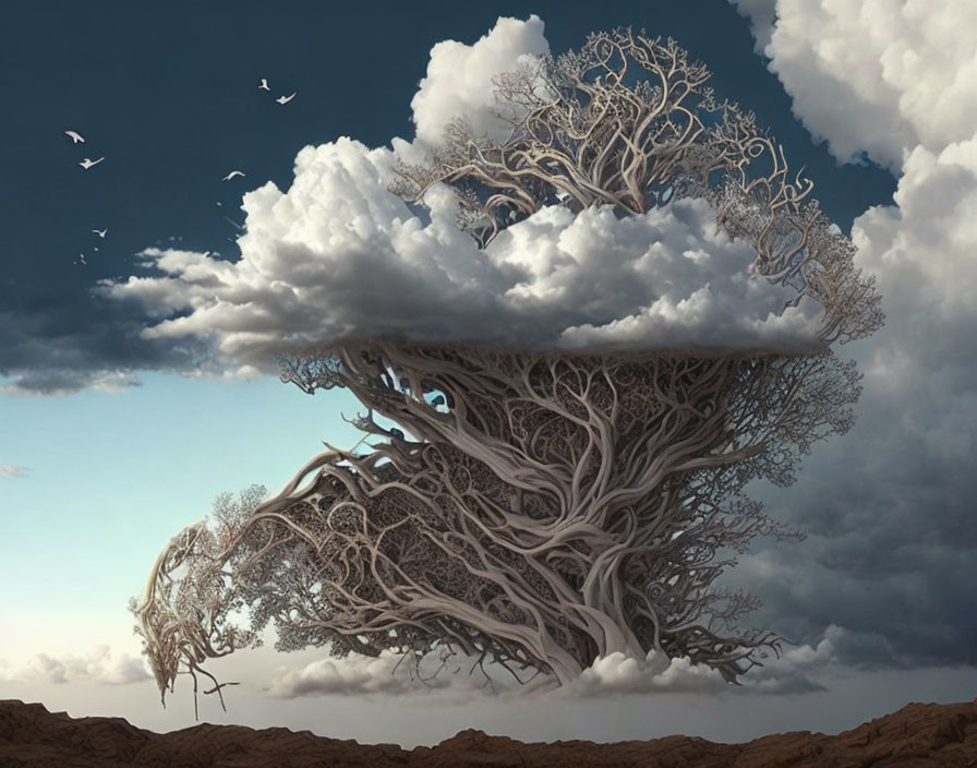 Surreal image of massive tree with intricate branches against dramatic sky