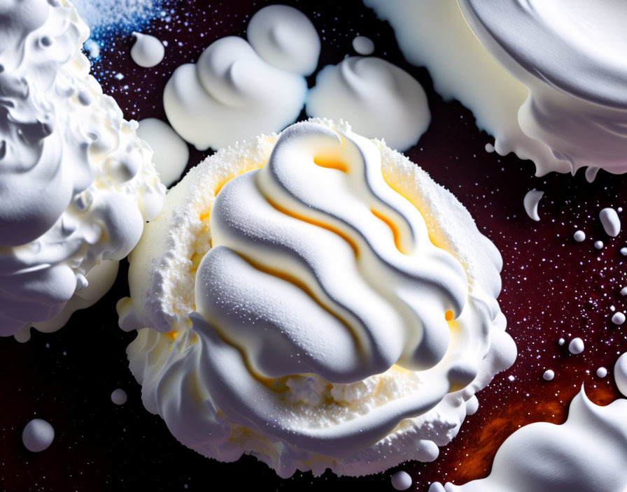 Dollops of whipped cream with caramel drizzle in milk splash on dark backdrop