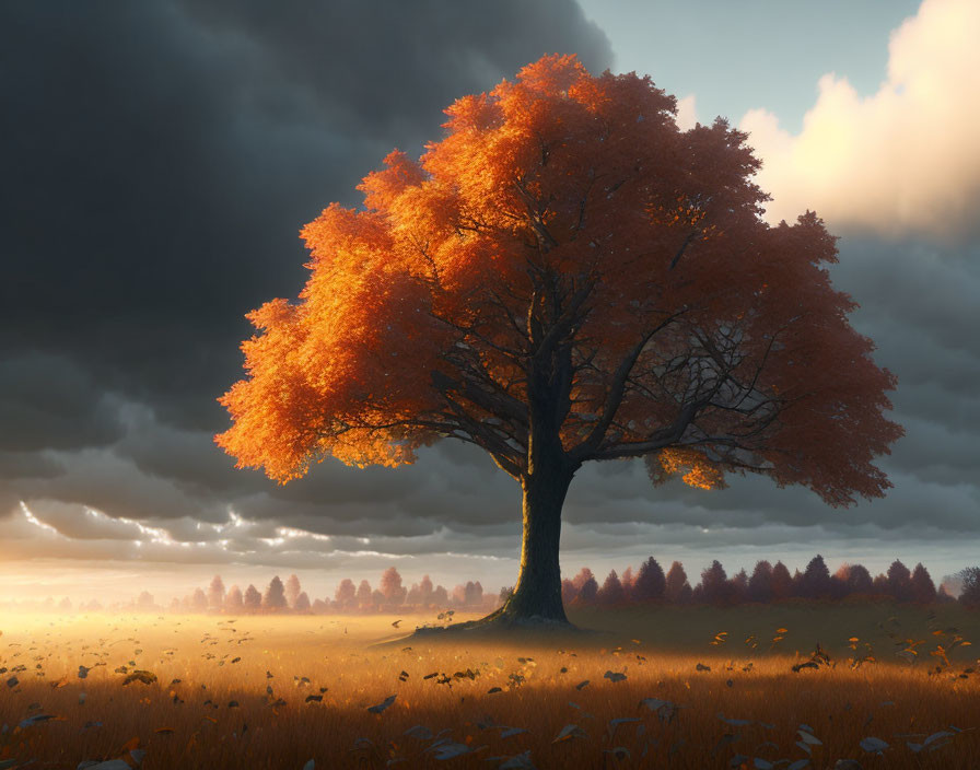 Solitary tree with orange leaves in misty field at sunrise