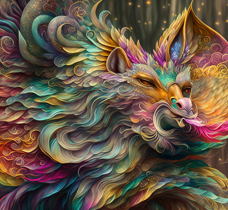 Colorful mythical fox-like creature with swirling patterns and magical aura