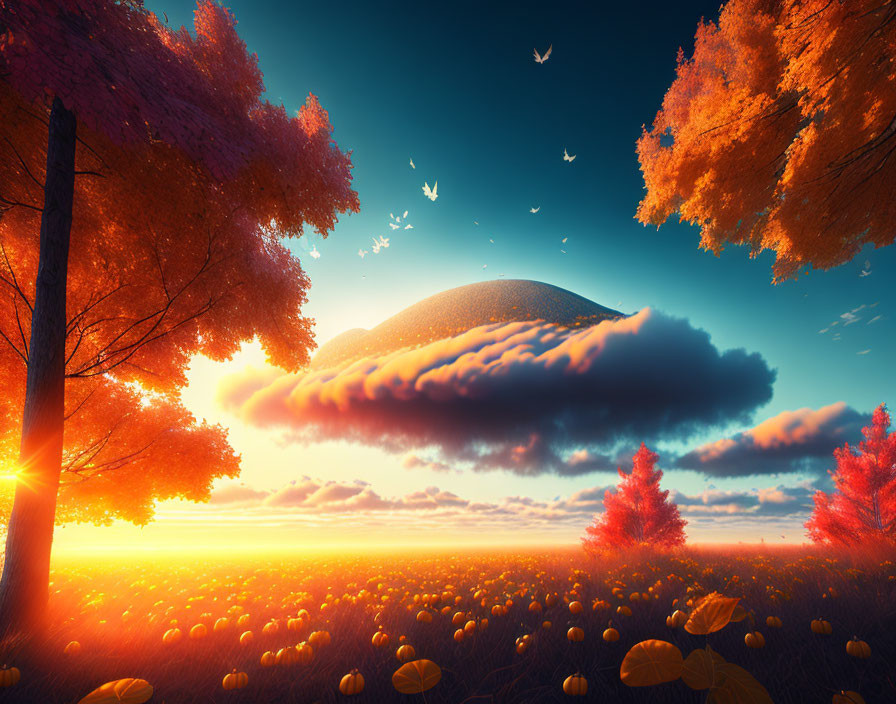 Colorful autumn landscape with floating island, golden grass, pumpkins, trees, and birds.