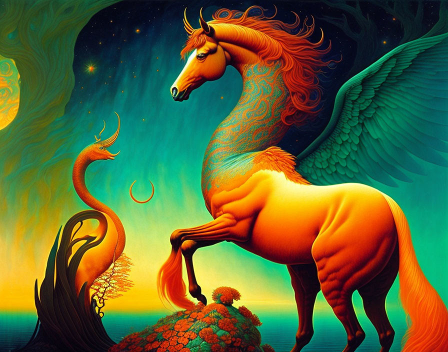 Fantasy artwork: Winged horse and phoenix in fiery meeting on floral landscape