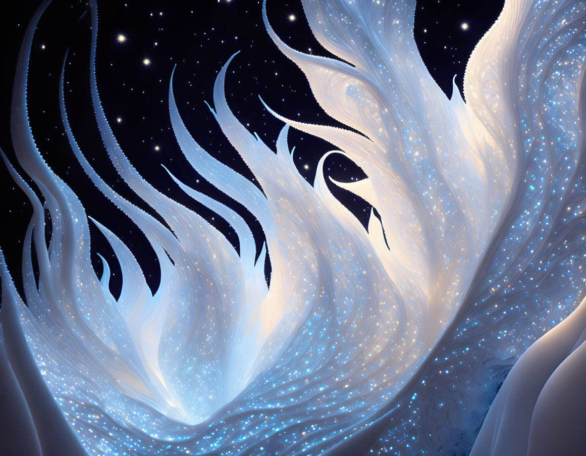 Abstract white feather-like structures against dark starry sky.