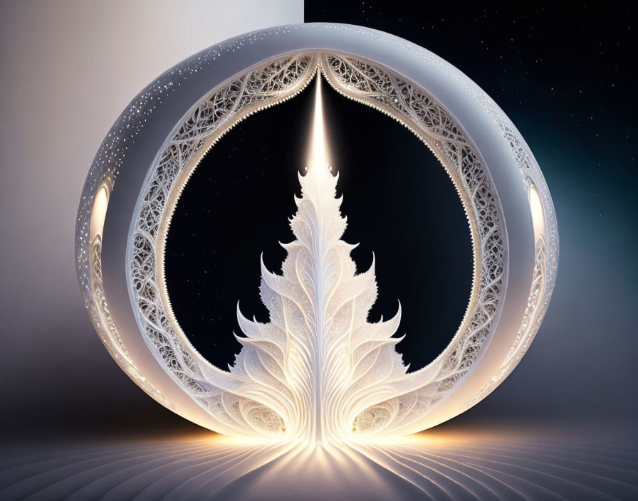 White 3D fractal tree in circular ornate frame against starry sky