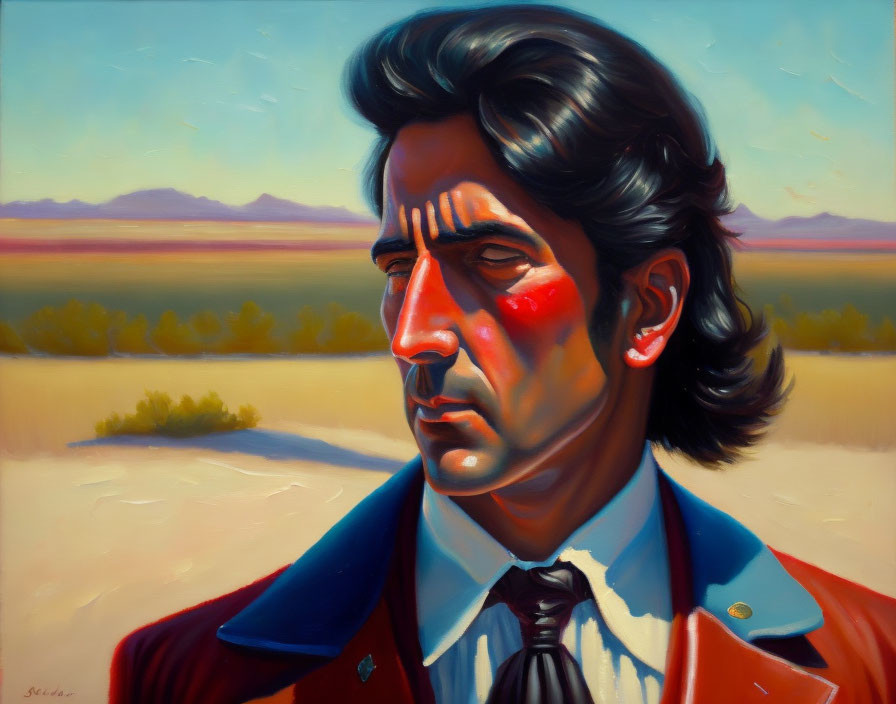 Man in Blue and Red Jacket on Desert Landscape with Blue Sky