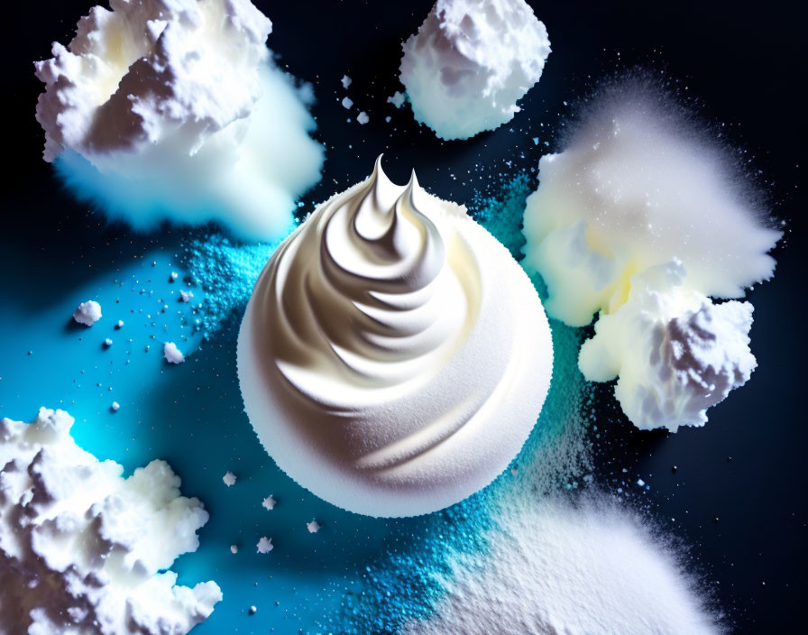 White Cream Swirls with Blue Dollops on Dark Background: Cosmic-Themed Artistic Food Presentation