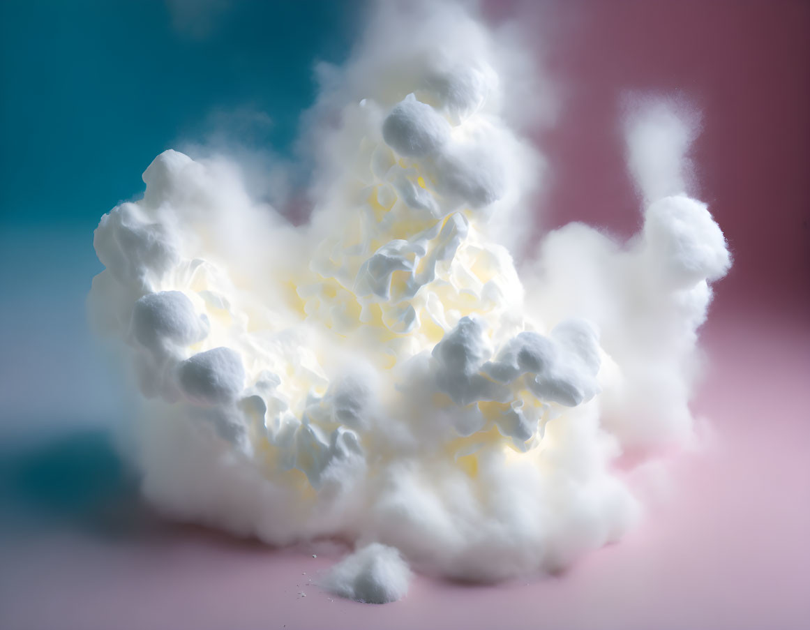 Cotton balls explosion cloud on blue-pink gradient.