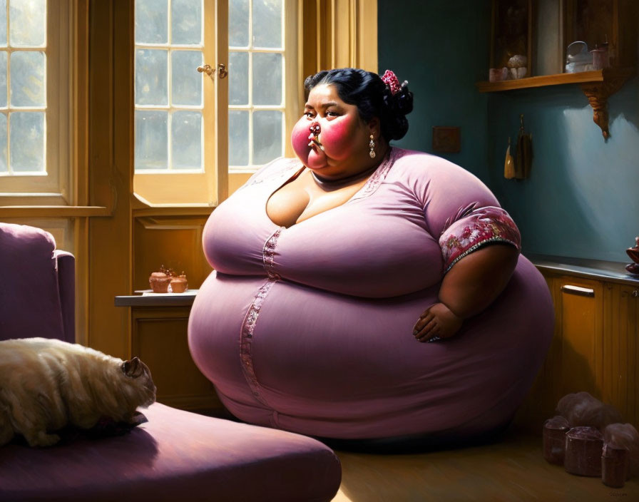 Plus-Size Woman in Pink Dress with Dog by Sunlit Window