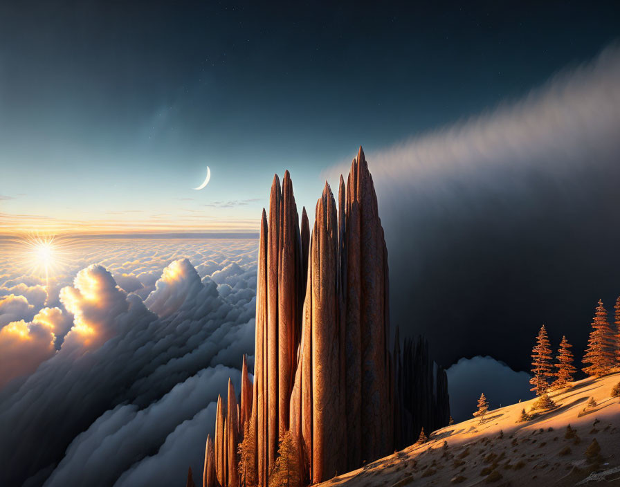 Surreal landscape with towering rock spires, crescent moon, and sunset