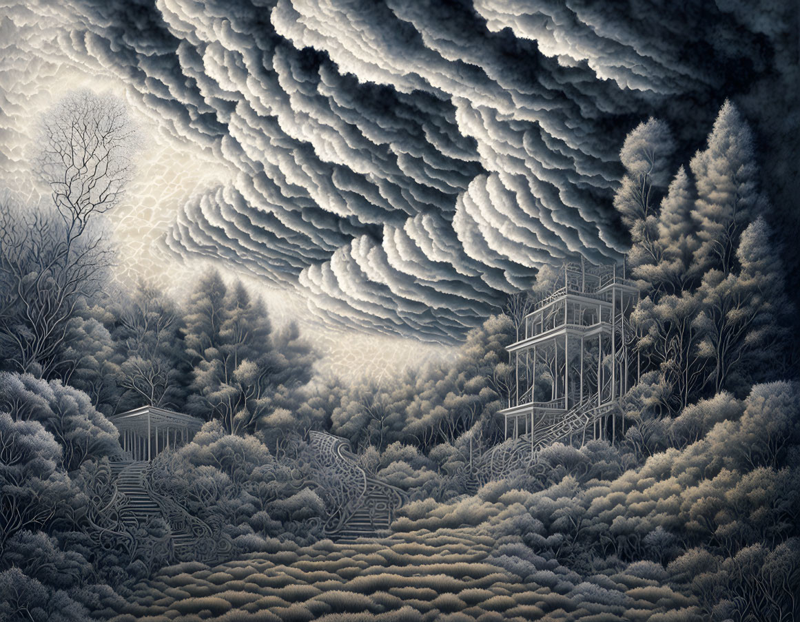 Monochrome illustration of dense forest under dramatic sky