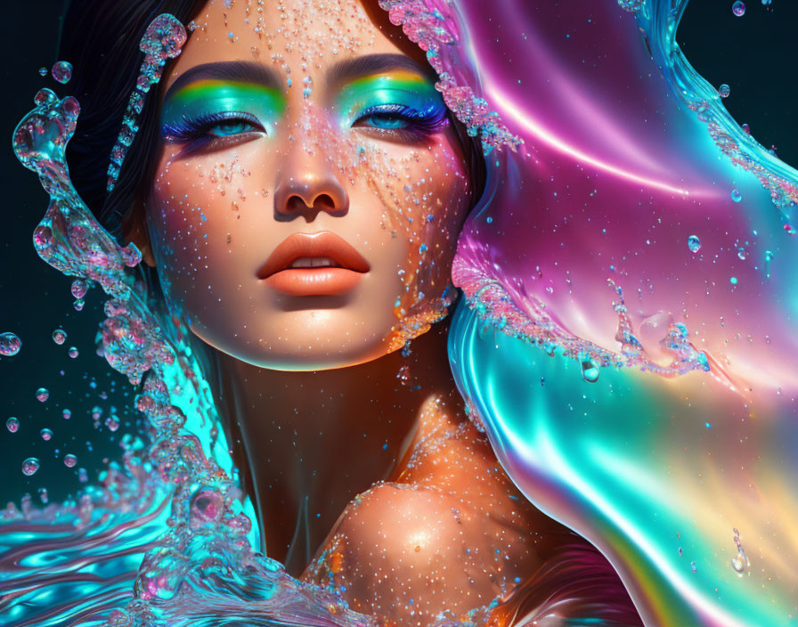 Colorful digital artwork of woman with iridescent makeup and flowing liquid streams