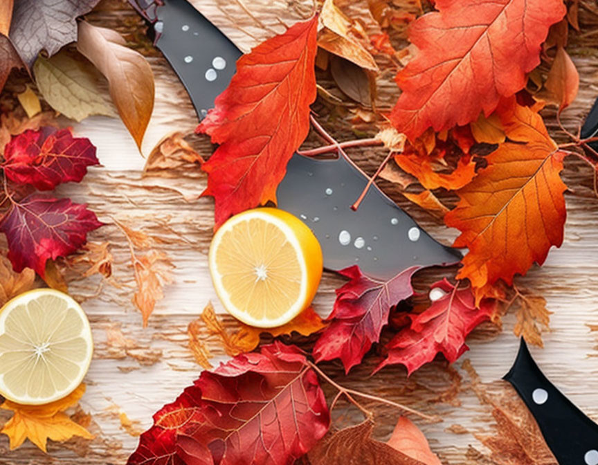 Black-handled kitchen knife with autumn leaves and lemon slices on wooden surface