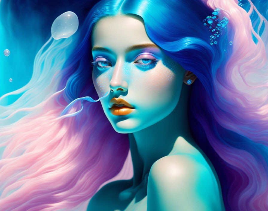 Vibrant blue-haired woman in surreal setting with pink skin and floating bubbles