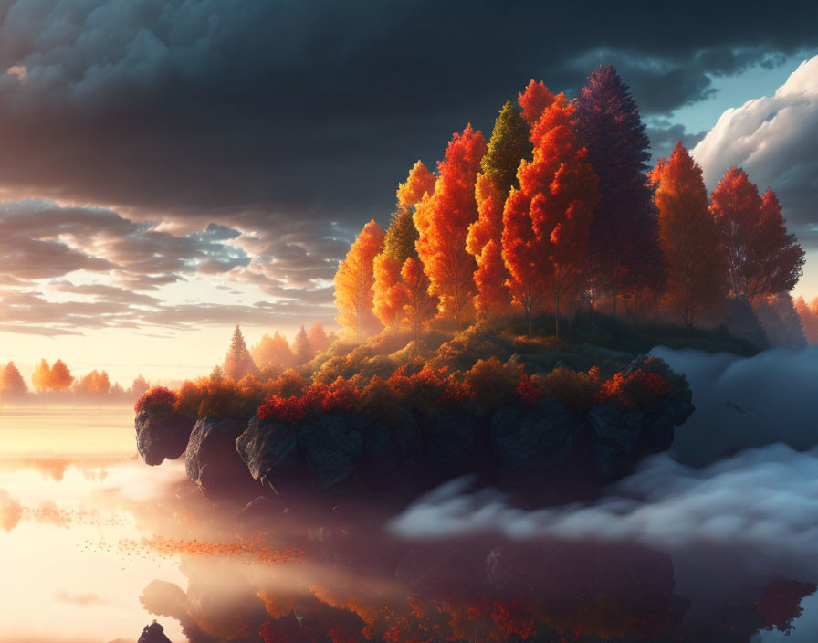 Vibrant autumn forest on cliff above misty waters under dramatic sunset sky