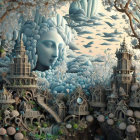 Giant Woman's Face in Blue-Toned Fantasy Illustration