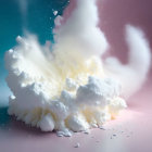 Cotton balls explosion cloud on blue-pink gradient.