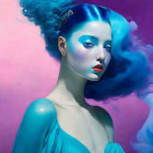 Vibrant blue hair and makeup on woman in surreal setting