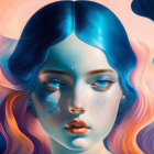 Surreal portrait of woman with blue and pink wavy hair and tear on cheek