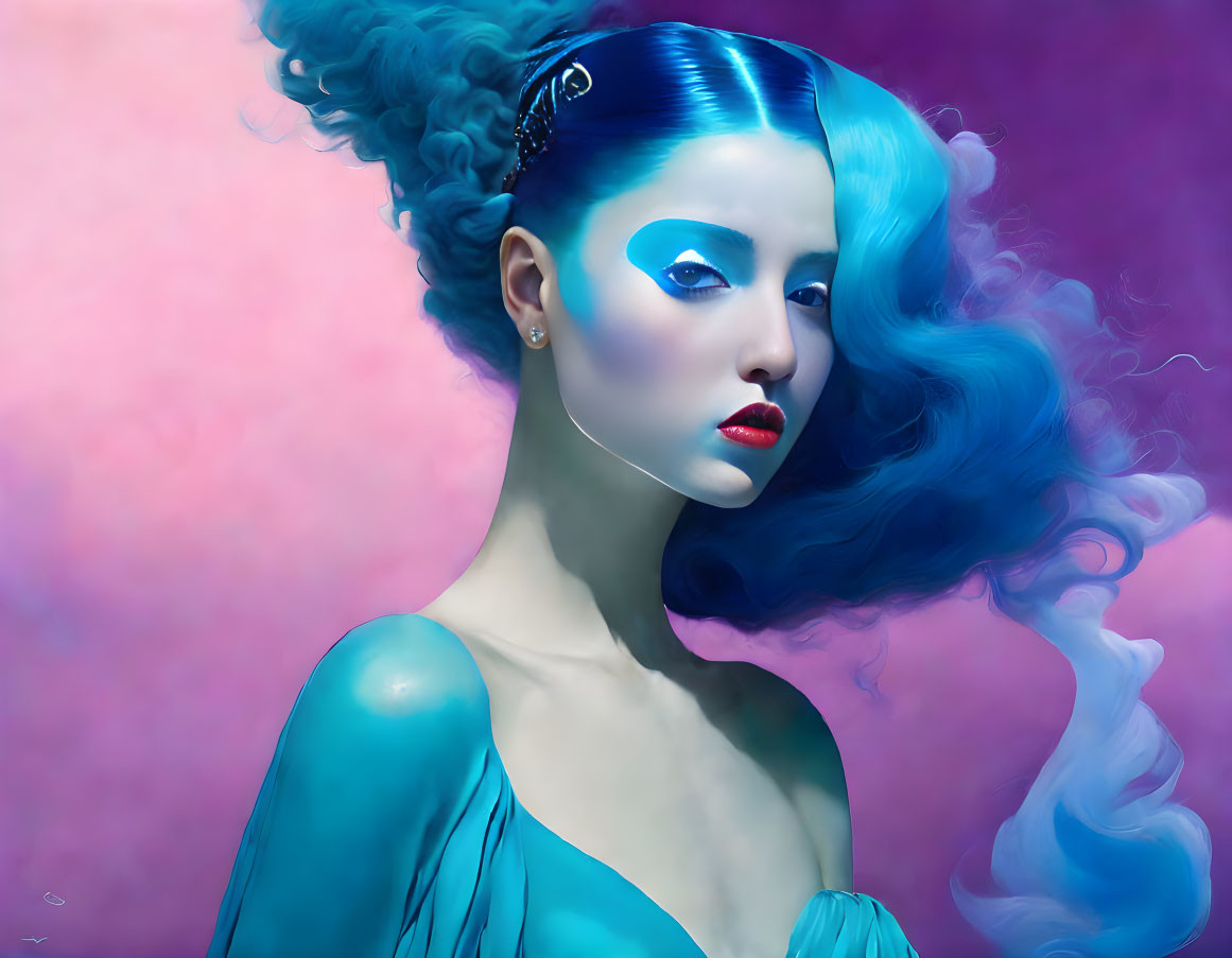 Vibrant blue hair and makeup on woman in surreal setting